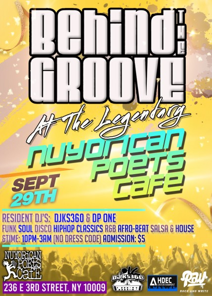 A yellow background ad with letters that say Behind the Groove, the DJ names, the date, the location and the time.