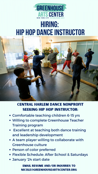 Flyer including a photo of teacher leading a group of students in a hip hop class