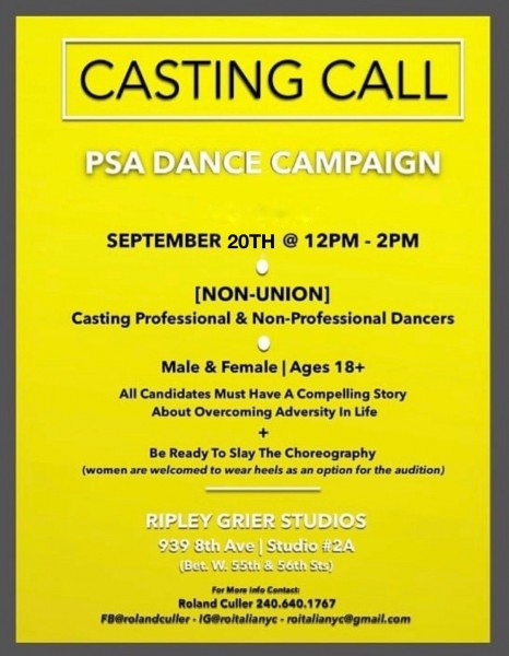 CALLING ALL DANCERS MALE AND FEMALE! AGES 18+   Dancers most have a compelling story about overcoming adversity in life.