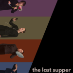 Split image with four people in horizontal stripes: one with flowers, one with a phone, one with a pillow, and one gesturing. Te