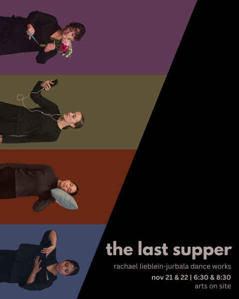 Split image with four people in horizontal stripes: one with flowers, one with a phone, one with a pillow, and one gesturing. Te