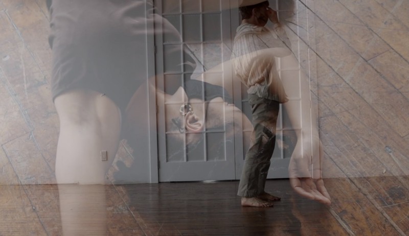 Two images overlaid - one woman laying on the ground and one man standing with hand touching face.