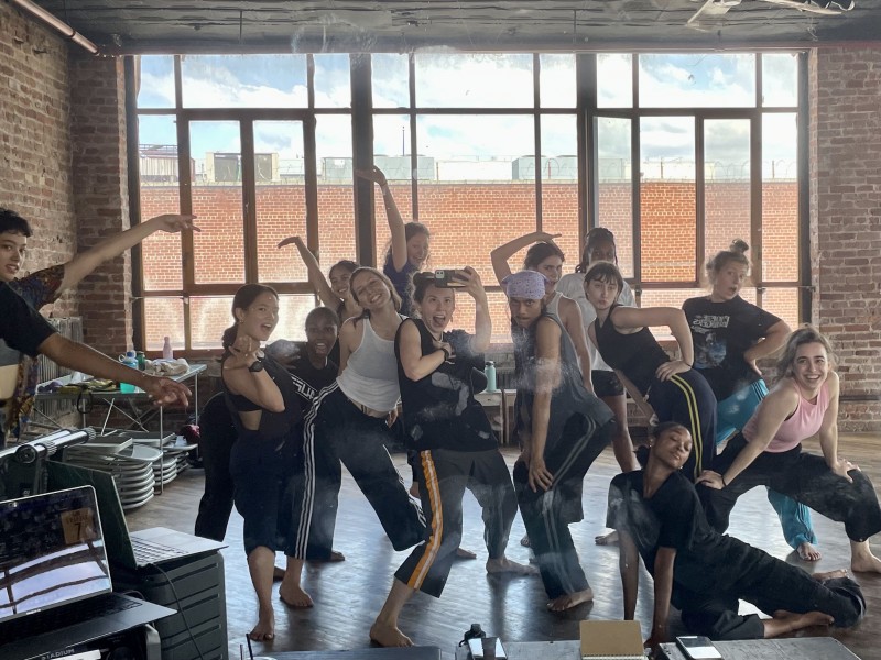 dancers from the last series of Body in Play gather for a mirror selfie. Funny faces, sweat, and good vibes abound.