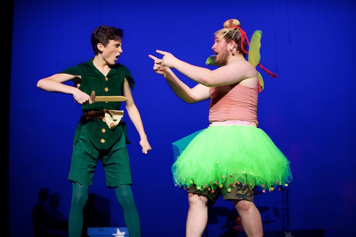 Two actors arguing with each other, one dressed as Peter Pan and the other as Tinkerbell
