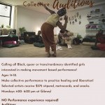 Image with audition details and dancer with their back facing the camera