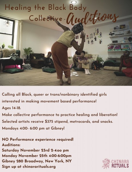 Image with audition details and dancer with their back facing the camera