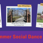 Images of East River Park, Van Cortlandt Park, and Sunset Park with the dates and times of the free summer social dance classes.
