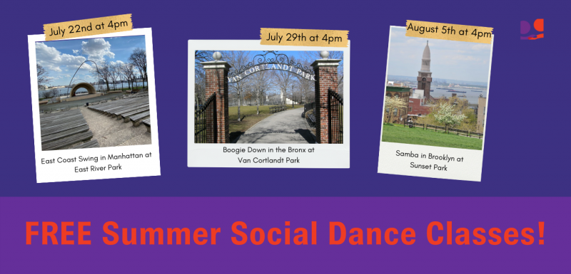 Images of East River Park, Van Cortlandt Park, and Sunset Park with the dates and times of the free summer social dance classes.
