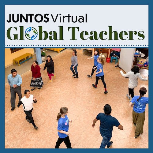 A JUNTOS Movement workshop in San Cristobal, Mexico. Dancers walk in a circle. Above text reads: JUNTOSVirtual Global teachers.