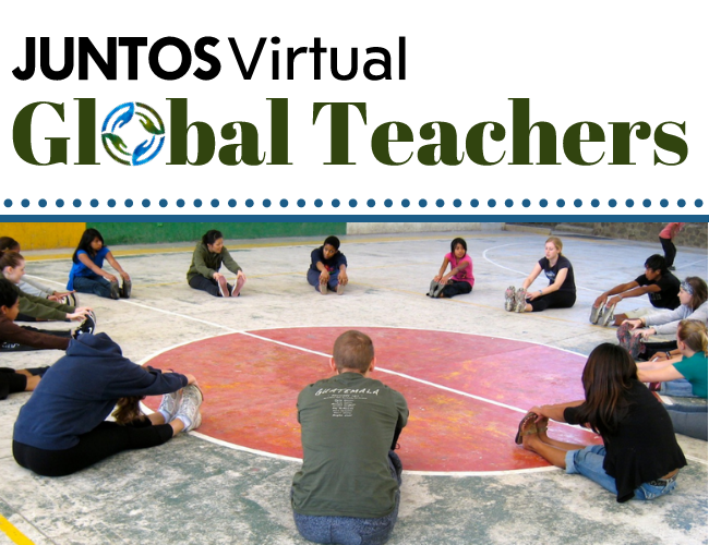 A JUNTOS Movement workshop. Dancers stretch in a circle. Text reads: JUNTOSVirtual Global teachers.