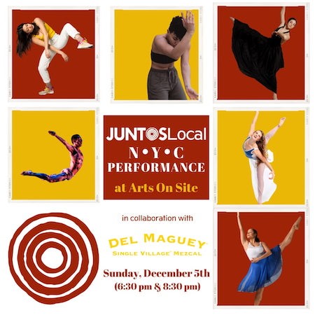 Six dancers within yellow and red squares and white borders, and text description of listed performance name and details.