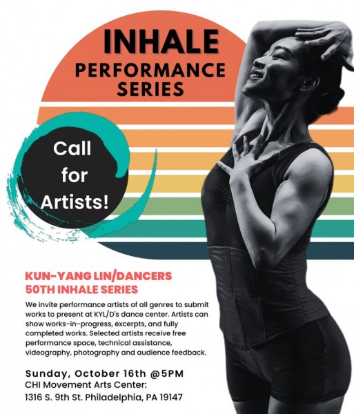 Rainbow circle with text on it and a dancer in black and white, gesturing happily, appearing to be basking in joy of movement