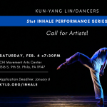 Extended dancer's leg and black background with words about INhale