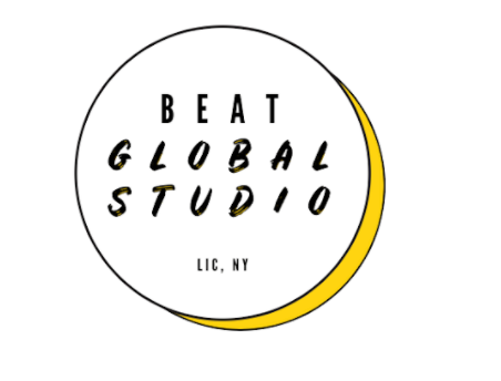 A white circle outlined by a black border with the words BEAT GLOBAL STUDIO in the center of the circle.