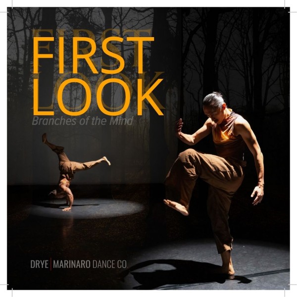 Two dancers in separate spotlights. Dancer on the left is in a hand stand, dancer on the right is standing with one leg up.