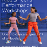 Blue flyer featuring two teens dancing and smiling