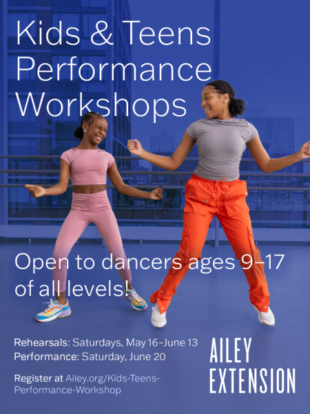 Blue flyer featuring two teens dancing and smiling