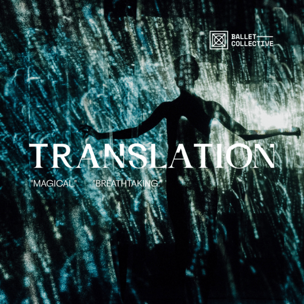 One dancer stands in a room of shifting panes of green and blue light. 