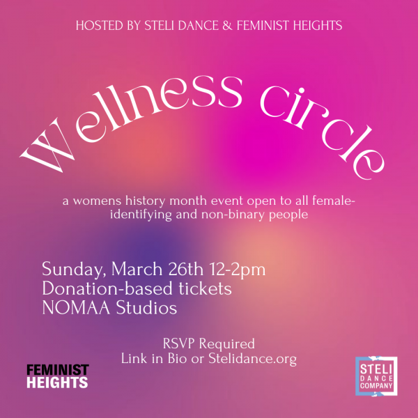 A pink, purple, orange gradient background with "Wellness Circle" on the top in a rounded format, and the details in white 