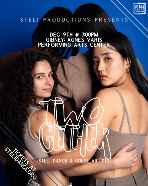 Photo of 4 dancers, in 2 lines, hugging facing the back, only the front 2 face front. White text on top saying "Two-gether"