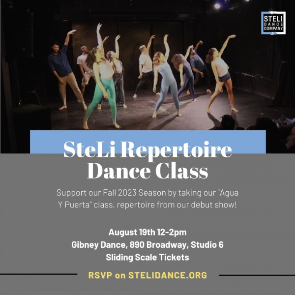 Top half of flyer is a still image of dancers with one arm up, bottom half is grey with white text about the class