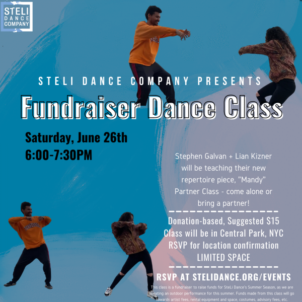 Text over a blue, pink, and grey background that says "Fundraiser Dance Class" with 2 images of still dance shots