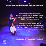 Background of a duet from a SteLi Dance performance, one dancer crouched down and the other one standing behind them