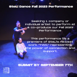 Background of a duet from a SteLi Dance performance, one dancer crouched down and the other one standing behind them