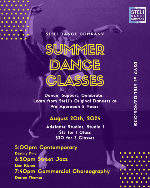 Dancer with her arms up in a wavey movement in the background of flyer with a purple tint and yellow text font
