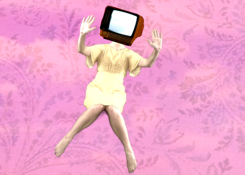 A figure light-skinned wearing a light orange dresss floats on a bubblegum pink background. In place of their head is an old TV
