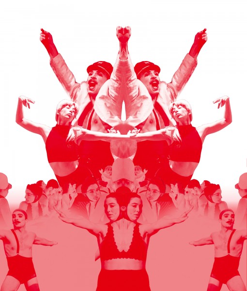 Collage of feath3r theory dancers in red filter on a white background set in a mirror effect