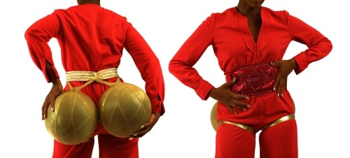 Diptych of artist Holly Bass wearing red coveralls: on her backside, 2 golden orbs and the front, a cumberbund that spells SEX