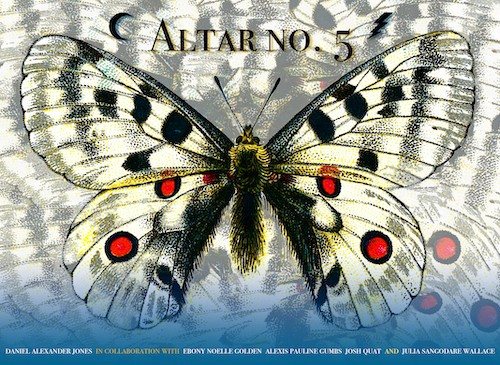 A white butterfly with symmetrical red and black spots wings are spread with the text ☾Altar no. 5⚡︎ between the tops of them