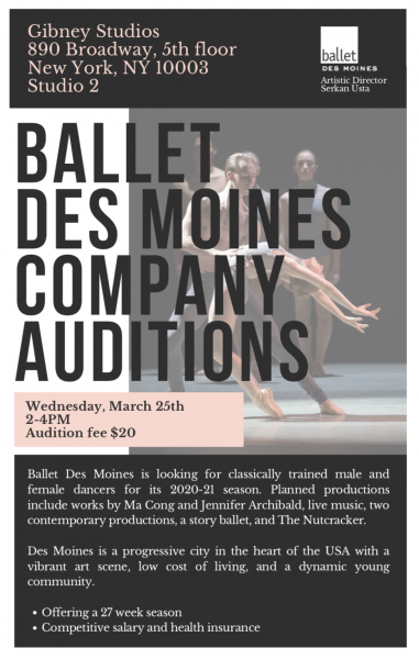 Ballet Des Moines Auditions March 25. Visit balletdesmoines.org for more details.