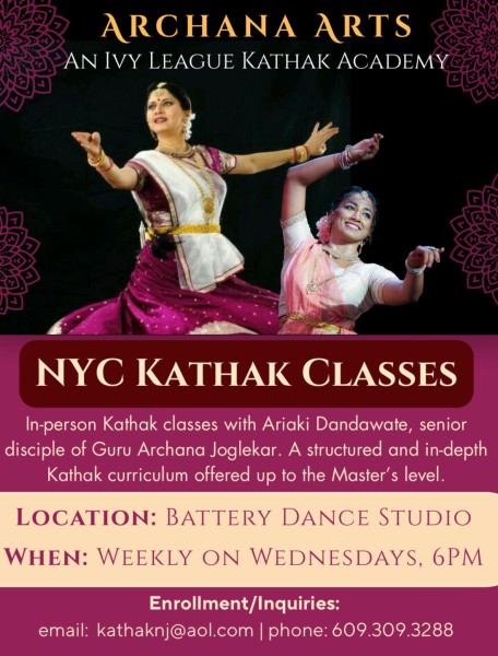 Flyer describing NYC Kathak classes with a structured, in-depth curriculum. 