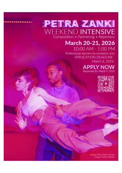 Two dancers mid-movement, one supporting the other as they extend weightlessly through the air against a pink-magenta backdrop. 