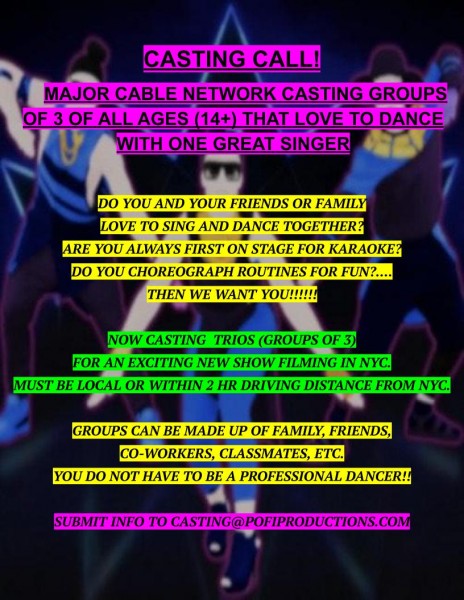 NYC! NOW CASTING DANCE TRIOS WITH ONE GREAT SINGER! (PILOT)