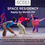 Image of dancers in a line reaching for eachother, one dance in the back sitting on a ladder watching.