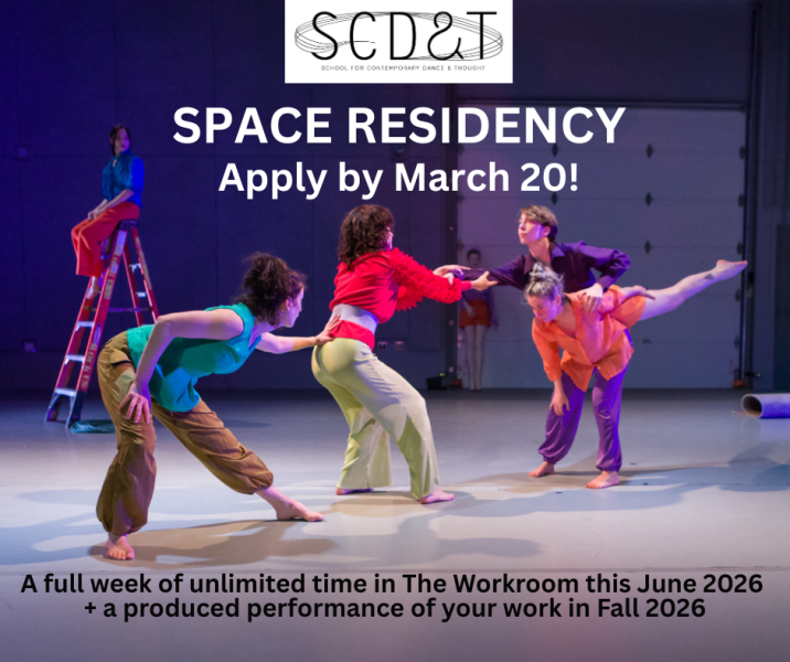 Image of dancers in a line reaching for eachother, one dance in the back sitting on a ladder watching. 