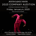 A dancer wearing all pink stands with his arms bent to the side with his head tilted up. Text reads 2023 COMPANY AUDITION