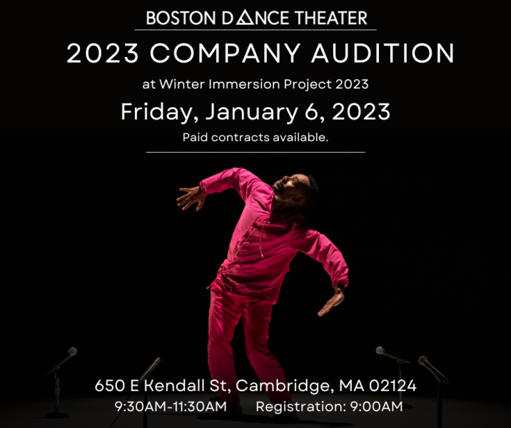 A dancer wearing all pink stands with his arms bent to the side with his head tilted up. Text reads 2023 COMPANY AUDITION