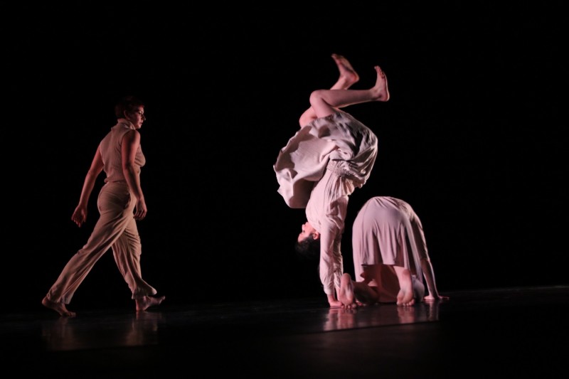 Woman flipping over someone's back.