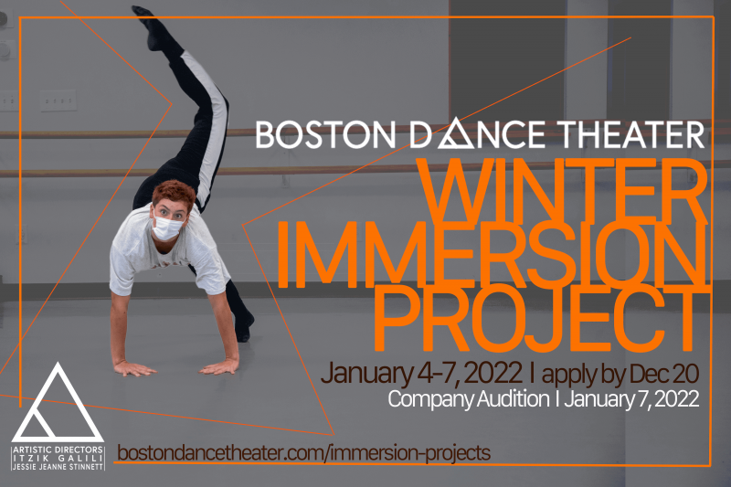 A dancer poses with her hands on the ground and one leg in the air. The text "Winter Immersion Project" appears over the photo. 