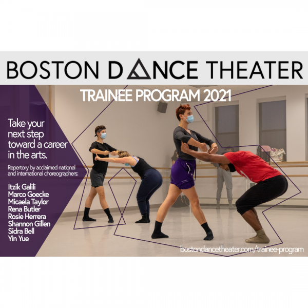 Four dancers in groups of two posing in a dance studio. 