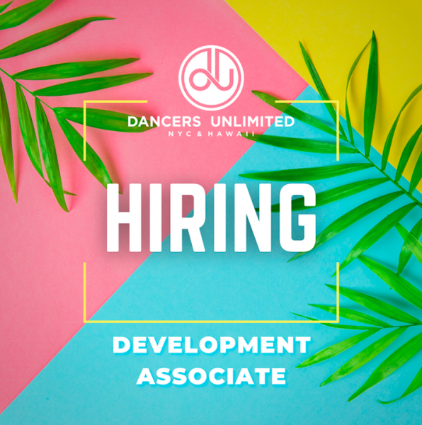 A pink, blue, and yellow background with green foliage. "Hiring" in the center and under it "Development Associate" in white