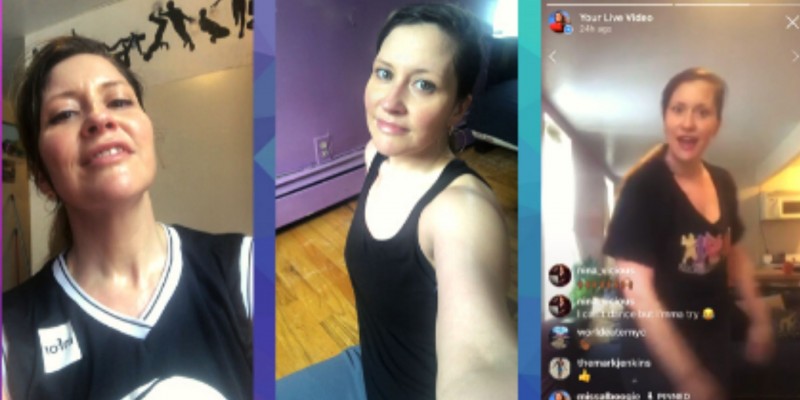 There are 3 pictures of miss al boogie teaching dance class from her living room while social distancing