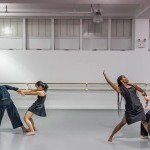 Four dancers performing a work-in-progress at a SharedSpace informal showing