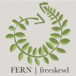 Image description: freeskewl logo (an open circle with arrows on each end) is adorned with green leaves. Background is a light t