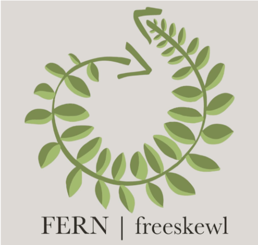 Image description: freeskewl logo (an open circle with arrows on each end) is adorned with green leaves. Background is a light t