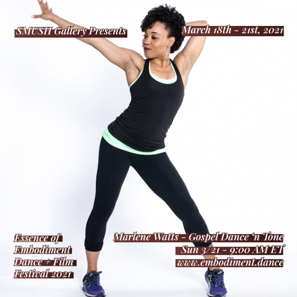 Black woman in black clothing with white text over red gradient rectangles